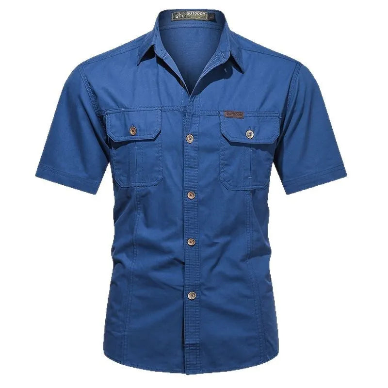 Men's short sleeve cotton work shirt in a loose cardigan style, shown in various colours including army green and blue.