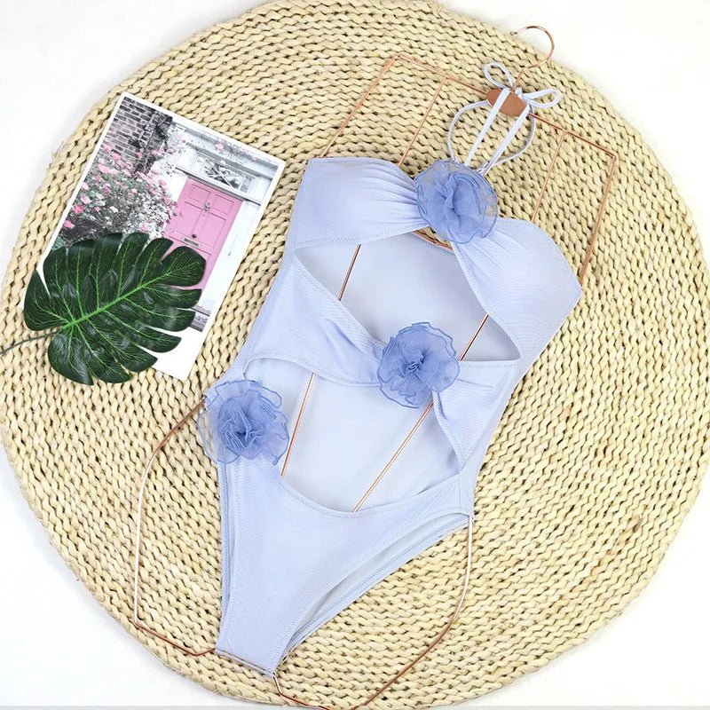 Women's black and blue stripe 3D flower one-piece swimsuit for swimming and sports