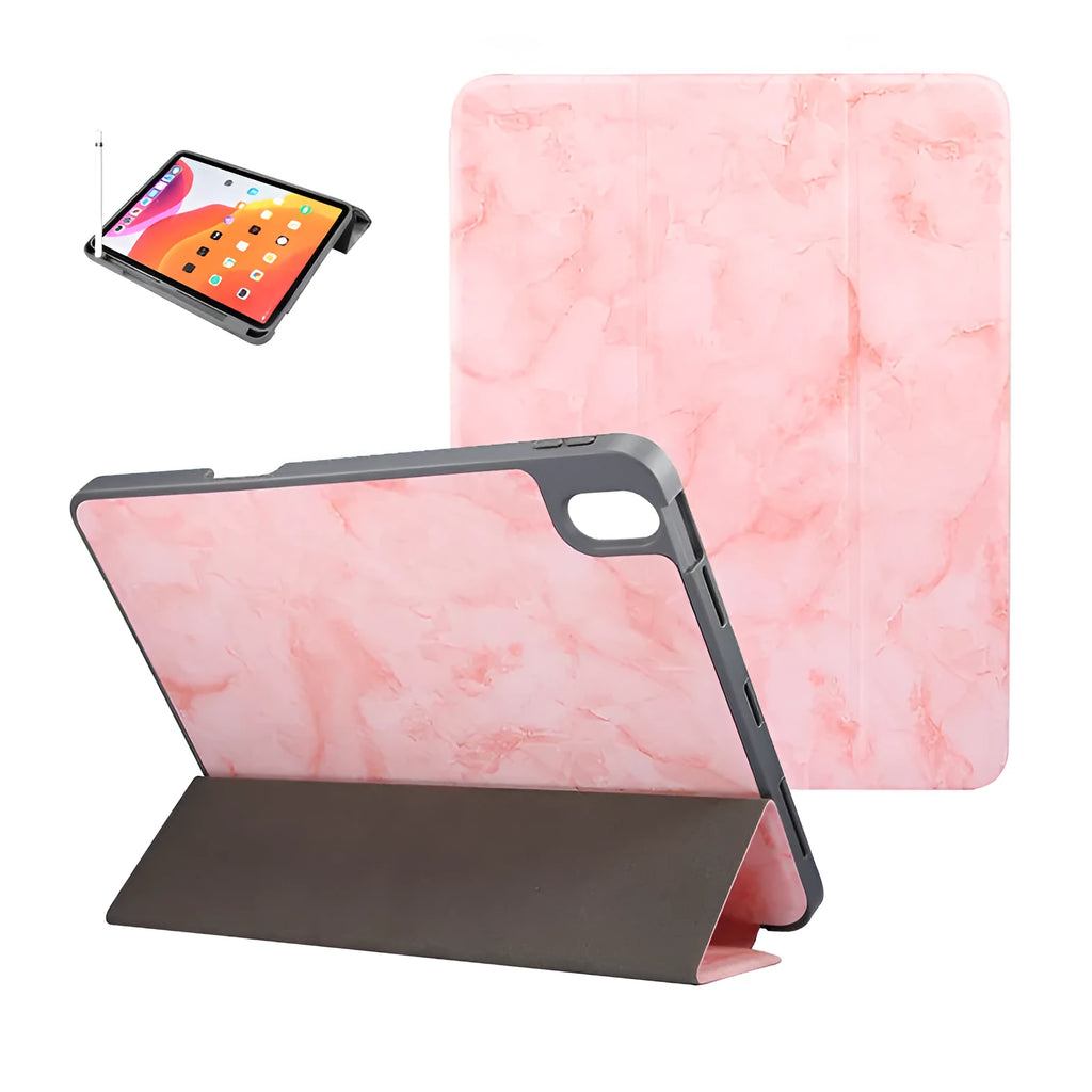 Tri-fold marbling imitation leather iPad case with a pen slot, shown in dark gray colour.