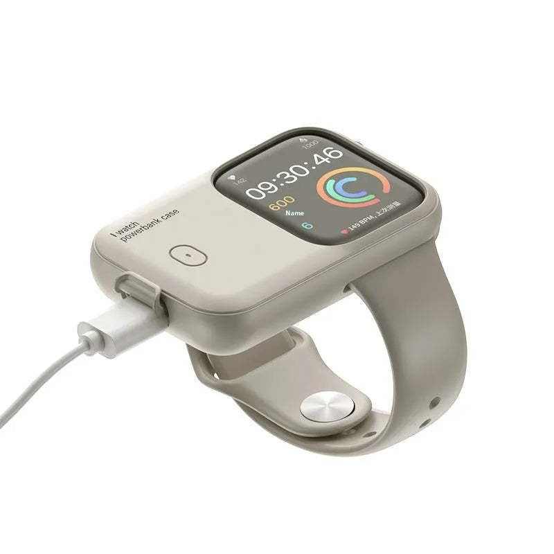 Apple Watch portable wireless charging case with silicone protective sleeve in Brown, Midnight Blue and Starlight colours.