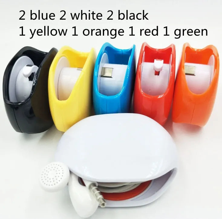 Automatic earphone cable winder retractor in various colours on a white background.