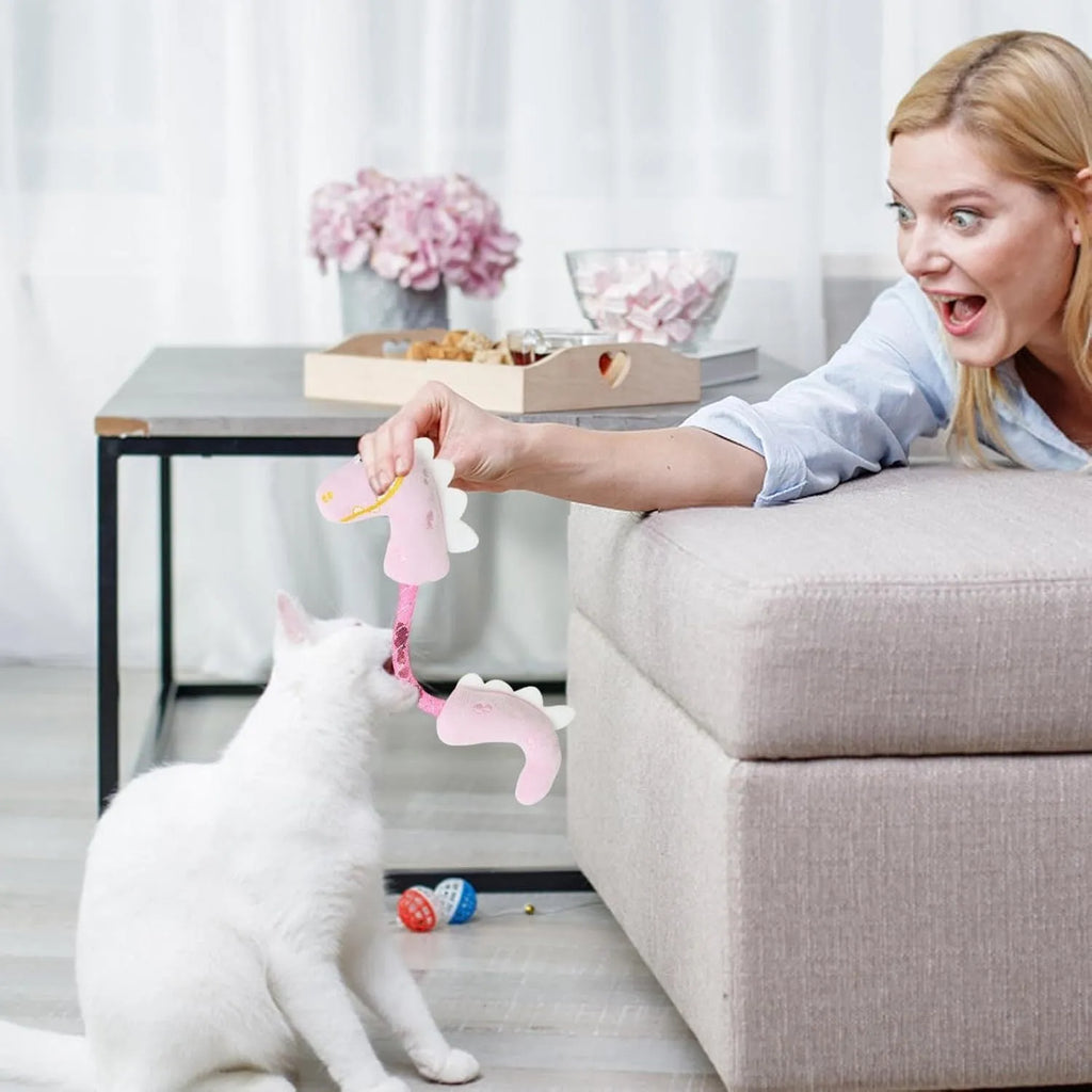 Four cat toys bundle including plush mouse, fish, bunny, and rope toy in pink, purple, or yellow colours