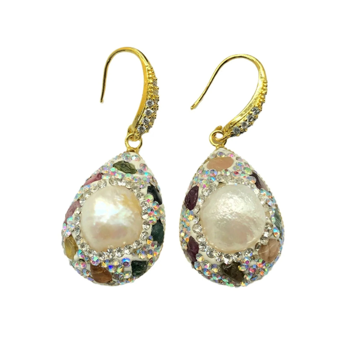 Natural freshwater pearl earrings for women with colourful teardrop shape, copper base, and diamond-inlay detail