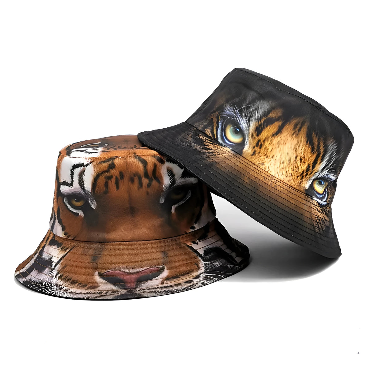 Tiger pattern bucket hat with dome crown in khaki and black colour options