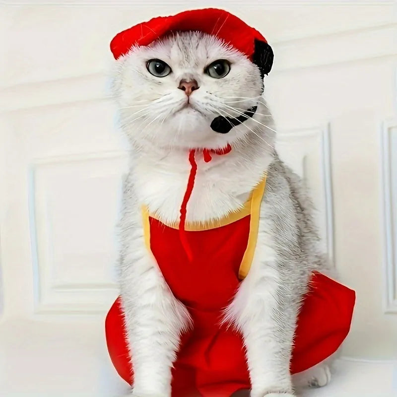 Handmade yellow chef hat and cotton knitted sweater pet costume for small to medium cats and dogs
