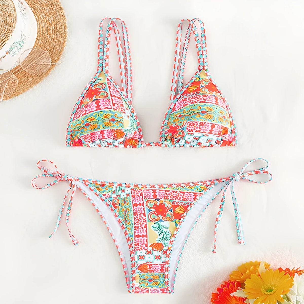 Women's lace-up split front swimsuit bikini set with backless design