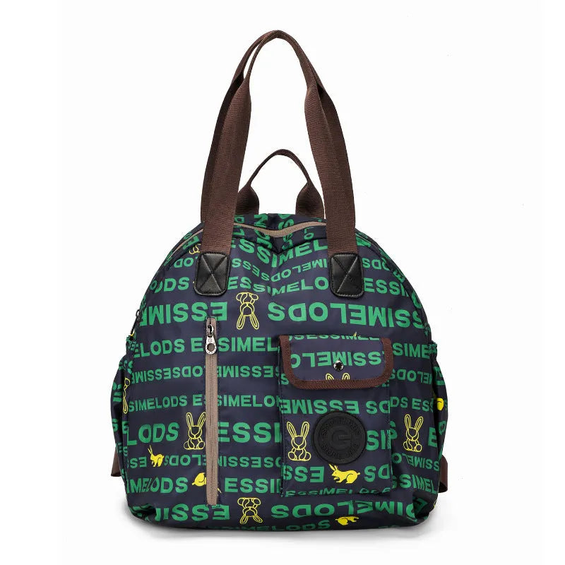 Lightweight nylon women's backpack with sandwich pockets in black, khaki or green letter print