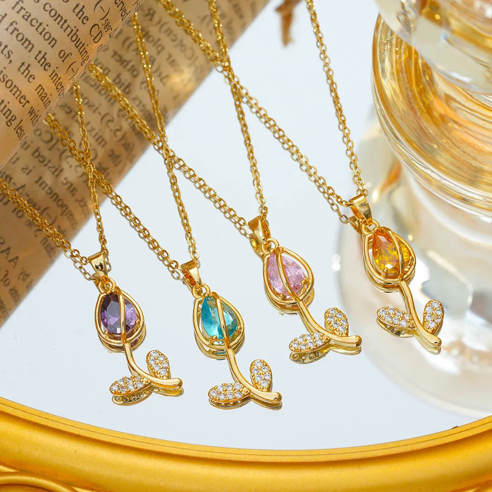 Zircon tulip necklace for women with gold flower pendant on adjustable titanium steel chain.