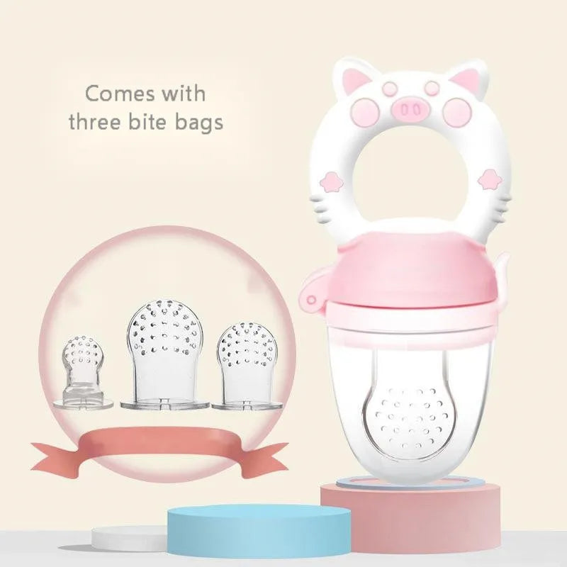 A BPA-free silicone baby teether in blue, showing a single mouthpiece design for infant chewing.