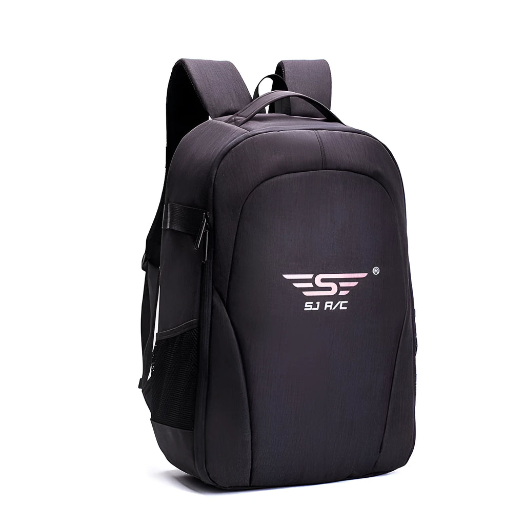 Black Oxford cloth drone backpack with internal organisers for camera and computer compartments