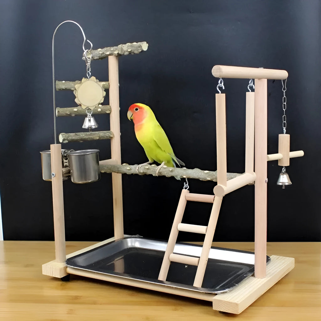 Assembled pepper wood parrot toy stand with tiger skin peony design and sub-stand pole for cage mounting.