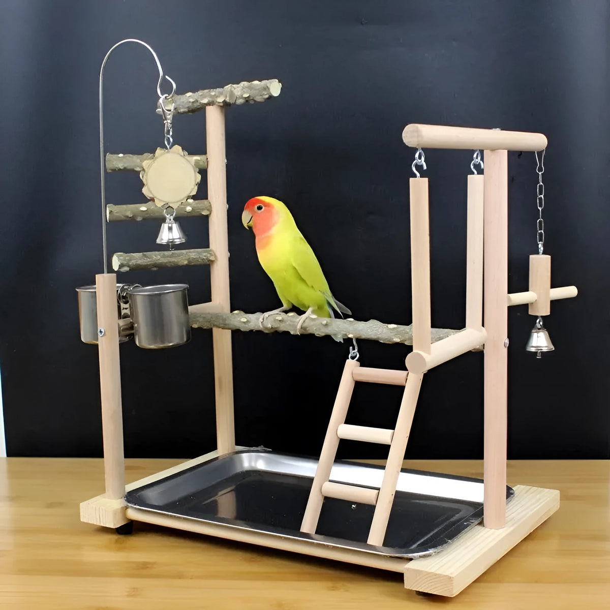 Assembled pepper wood parrot toy stand with tiger skin peony design and sub-stand pole for cage mounting.
