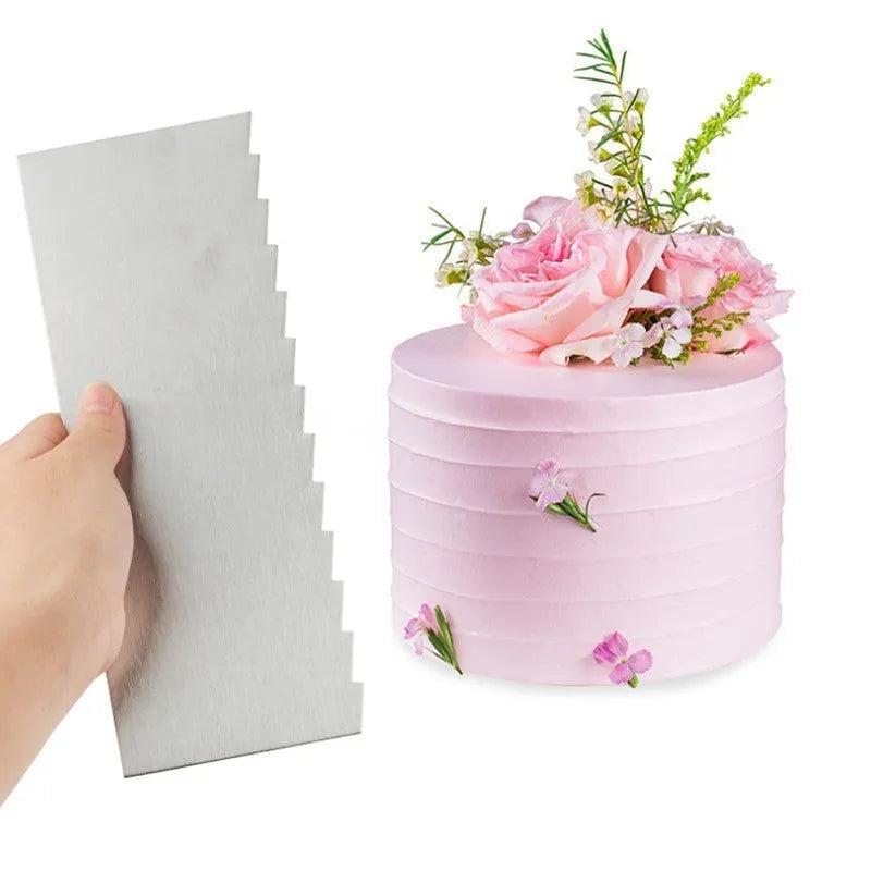 Stainless steel cream scraper showing six geometric edge patterns for cake decorating