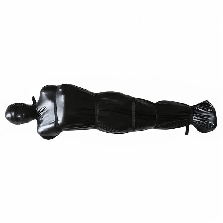 Black patent leather adult restraint harness with full body wrap and six ratchet tie-down pieces
