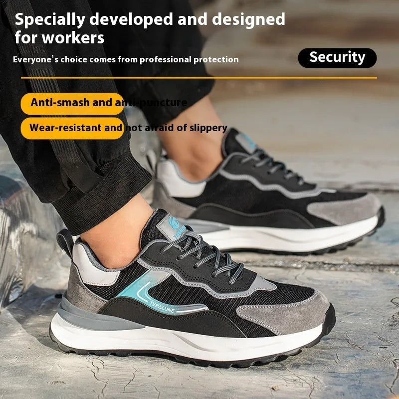 Men's low-top grey work shoes with shoelaces, featuring a plastic steel toe and a mesh and leather upper.
