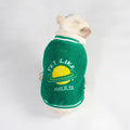 Green fleece-lined cotton dog winter jacket showing sizing options from L to 4XL