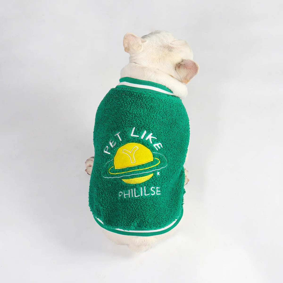 Green fleece-lined cotton dog winter jacket showing sizing options from L to 4XL