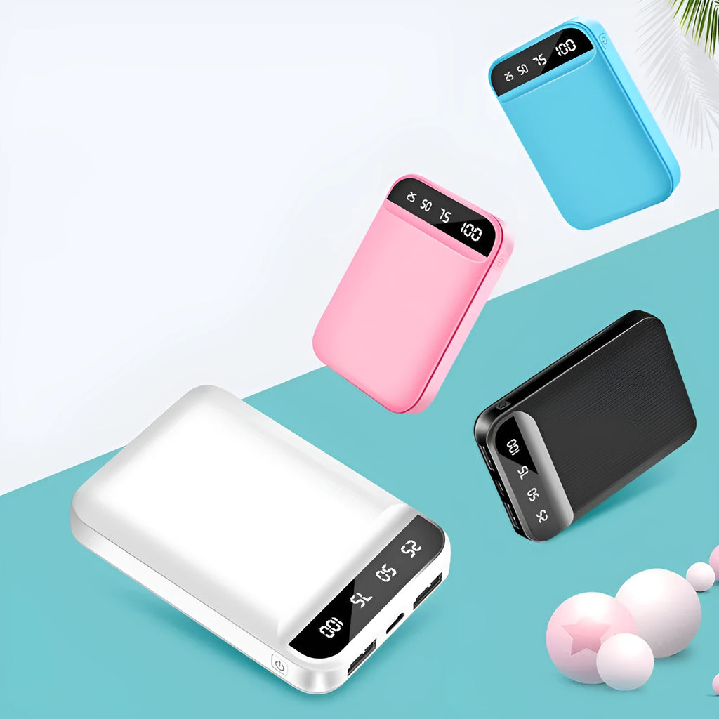 Mini power bank in black, blue, pink or white with multi-USB ports measuring 93x63x22mm