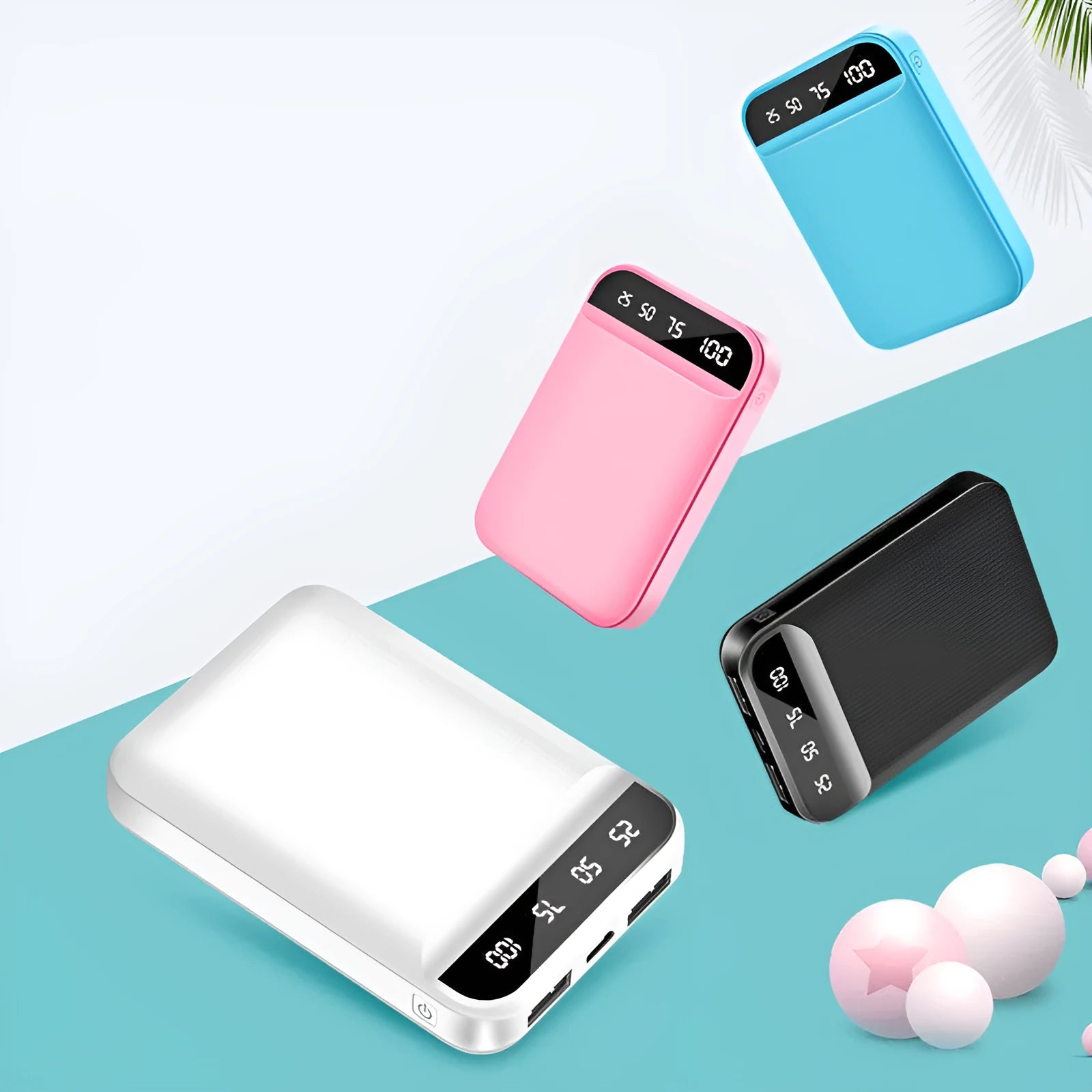 Mini power bank in black, blue, pink or white with multi-USB ports measuring 93x63x22mm