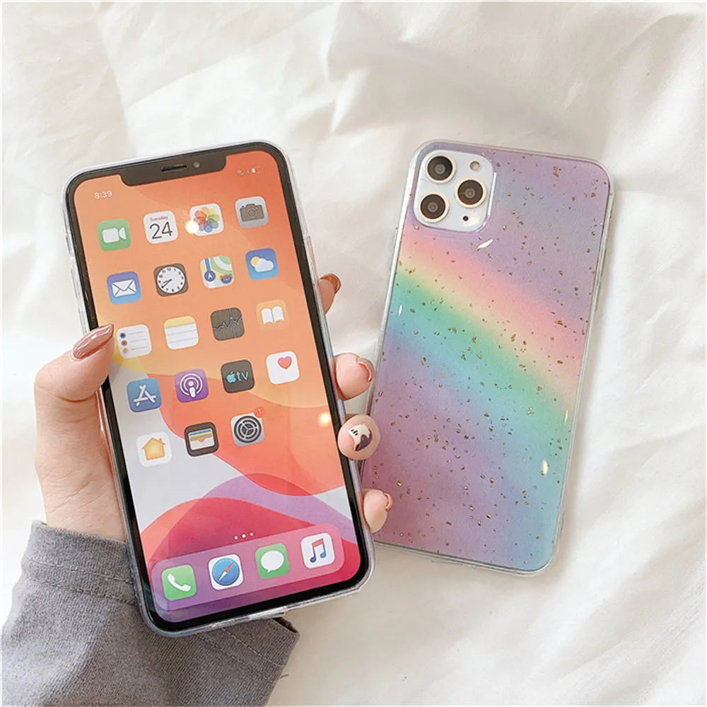 Rainbow gradient striped TPU phone case for iPhone models with anime-inspired design