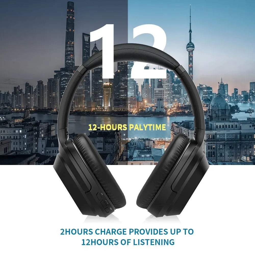 Black Bluetooth wireless headset with over-ear design and memory-protein ear cushions