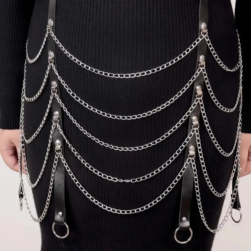 Black PU leather waist chain with bandage binding chain design for women's alternative fashion