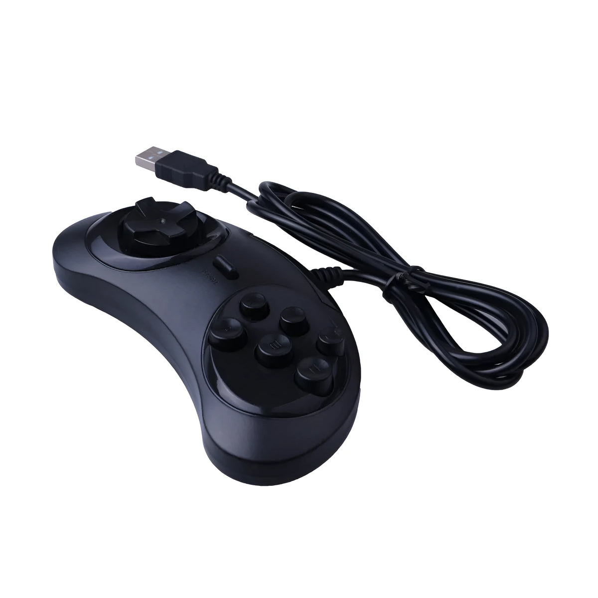 Black Sega USB computer game controller with braided copper wire