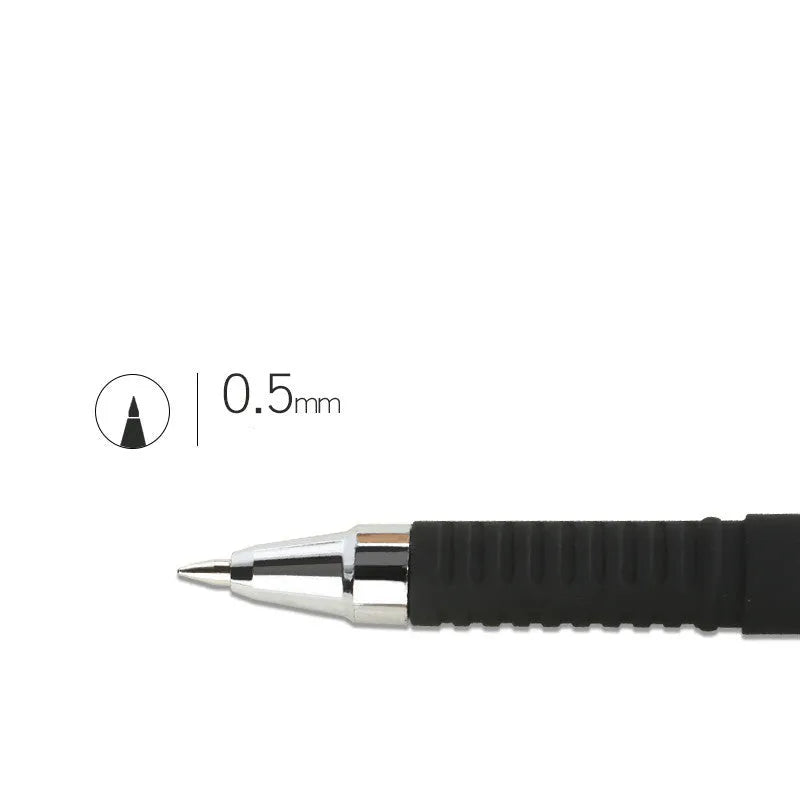 Pack of eight black gel pens with triangular grips and 0.5mm tips, shown with bullet and needle style options.