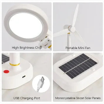Ivory white solar-powered table fan with integrated LED desk lamp on a wooden table.