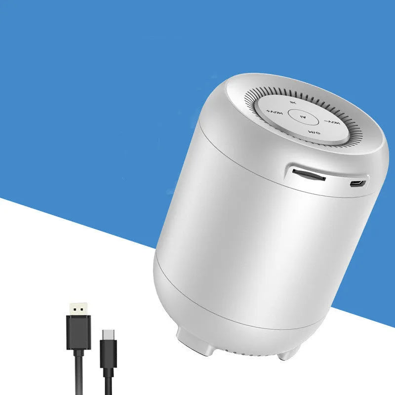 Black and white small Bluetooth speaker with AI voice control and buttons