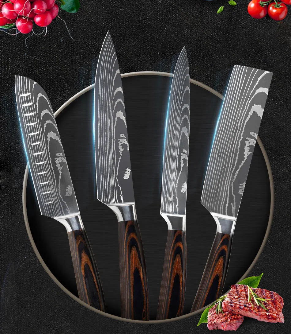 7CR17 stainless steel chef knife with laser Damascus pattern, 30cm long with colour steel handle