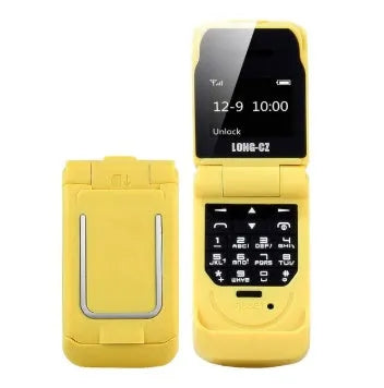 A closed mini flip phone in rose red, showing its compact clamshell design.