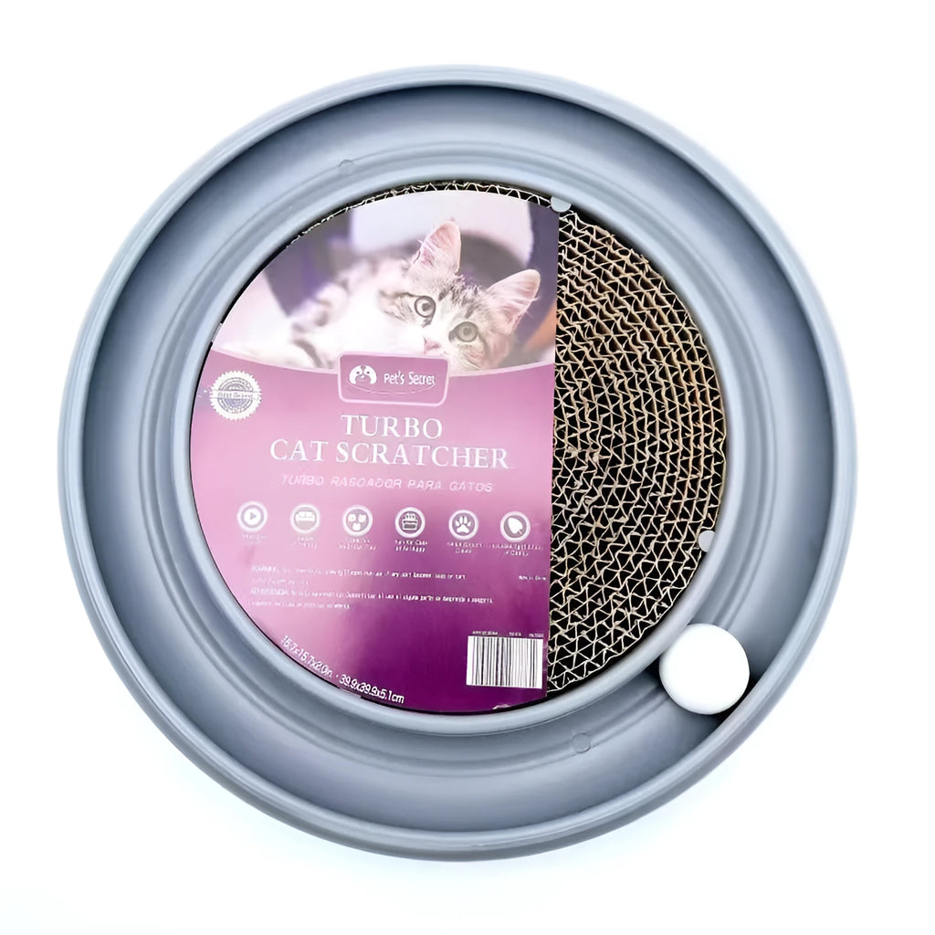 Round cat scratching board with ball track, 16 inch base, 11 inch reversible pad, Blue Gray Green or Purple.