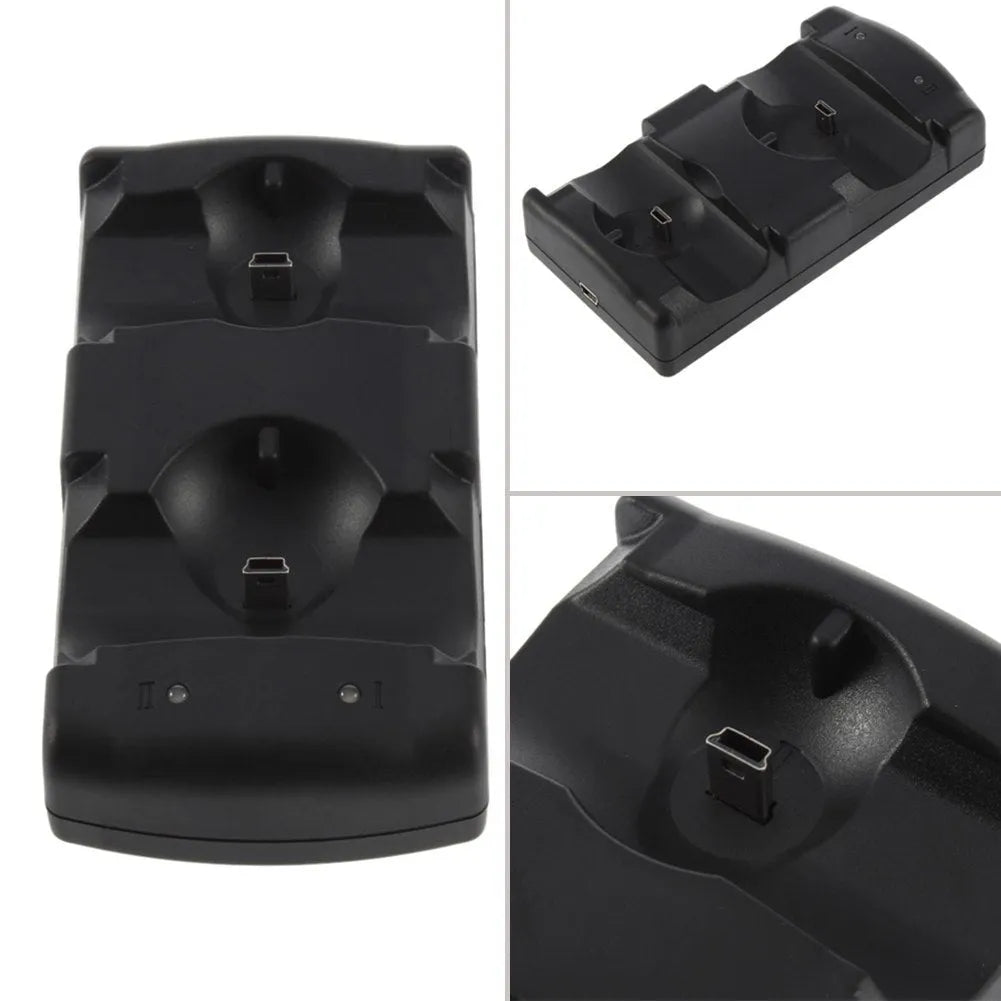 Black PS3 dual USB charging dock with two controller stations and a connected USB cable