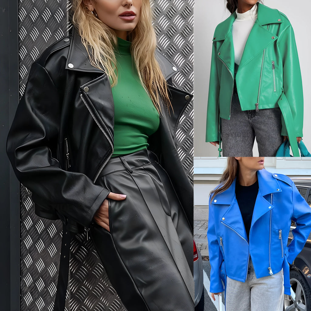 Black punk locomotive style jacket with a Peter Pan collar and an adjustable belt.