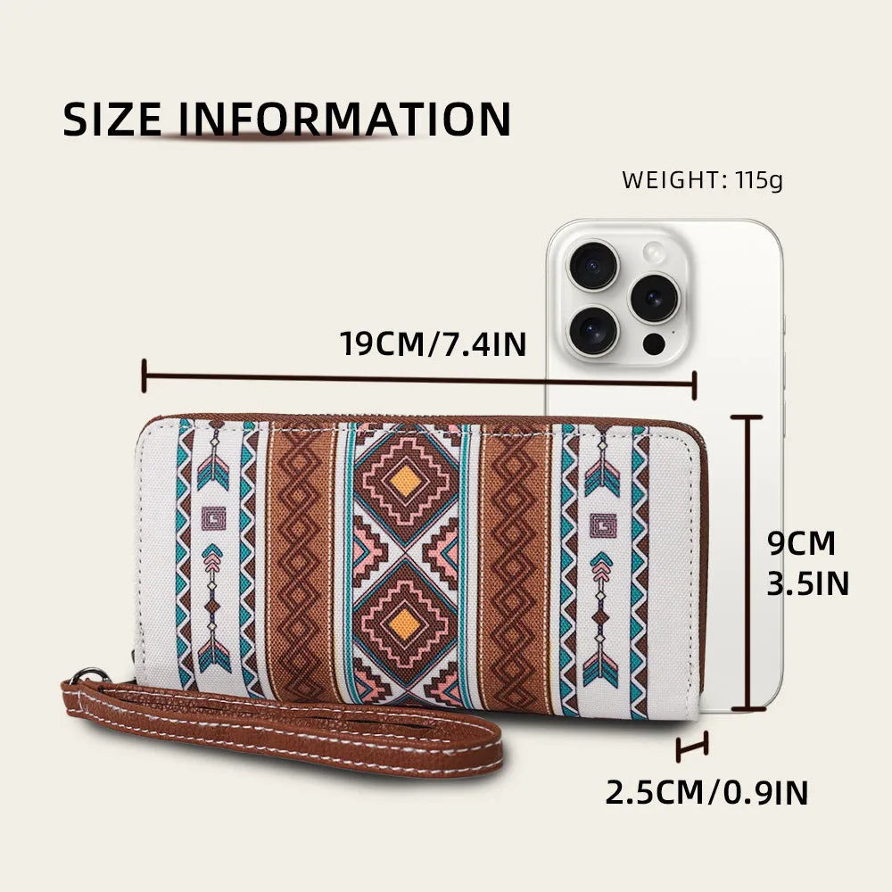 Bohemian striped canvas RFID wallet in multiple colours showing compact size and anti-theft feature.