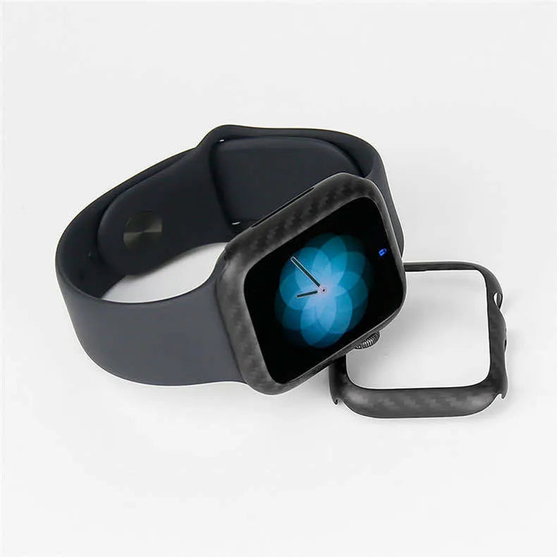 Apple Watch Series 4 44mm in a slim carbon fibre and leather half-wrap case in black.