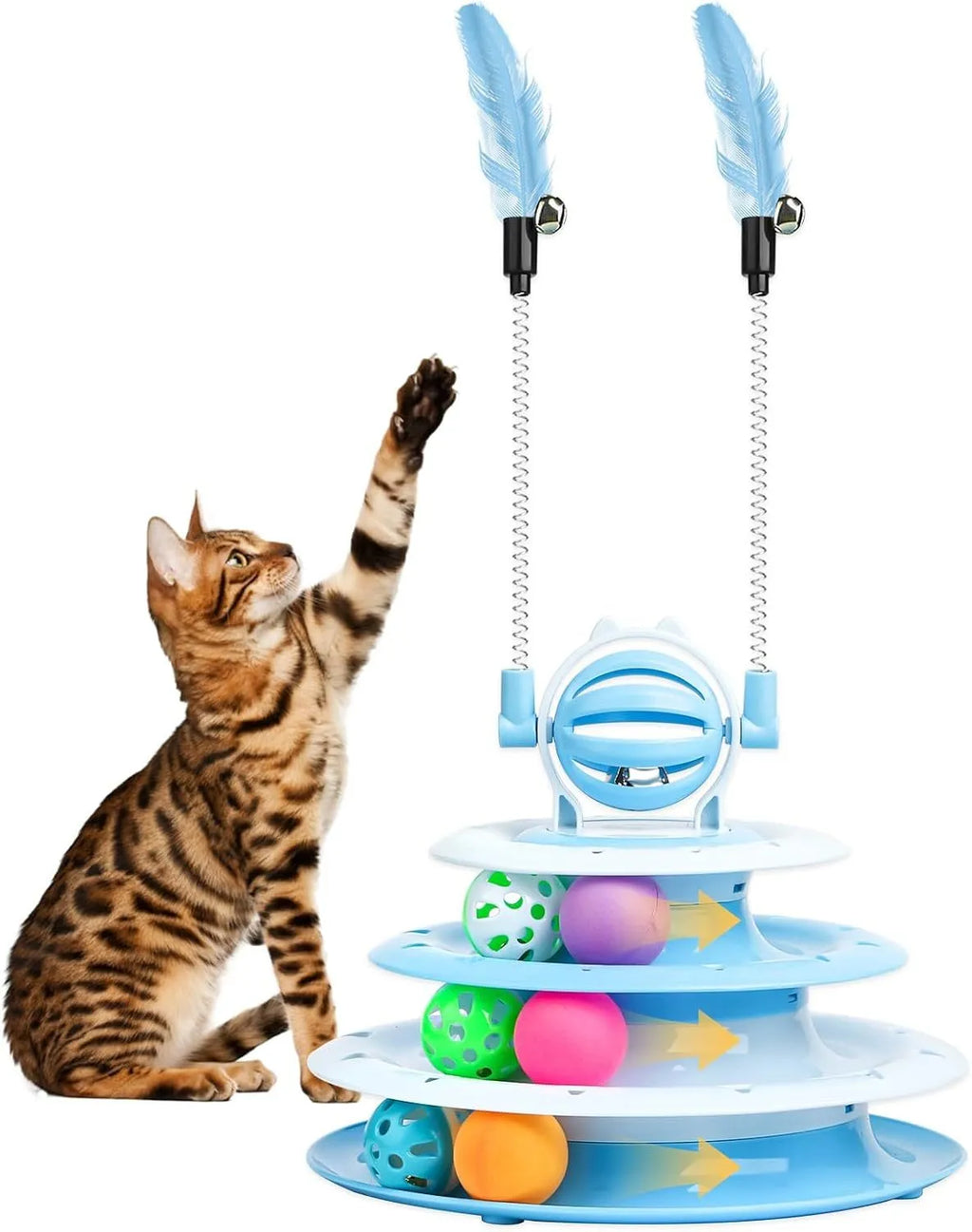 Blue 4-tier interactive cat toy with balls and teasing rods on a non-slip base.