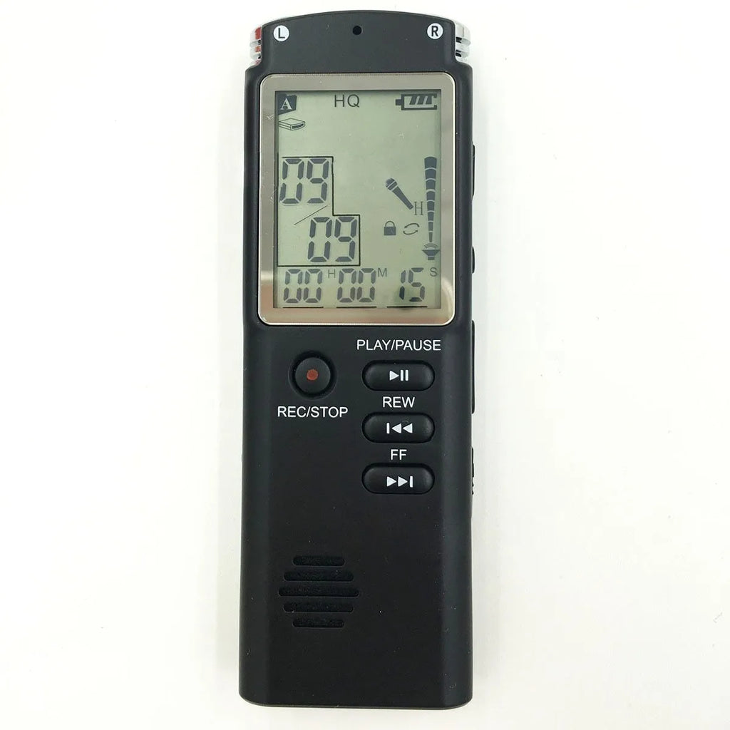 Black USB digital voice recorder for telephone and microphone recording, showing compact size