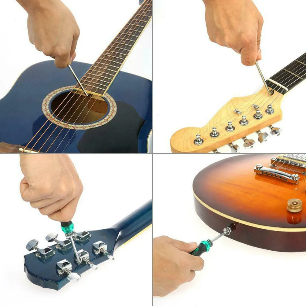 Black guitar repair and care tool kit with plastic and metal tools for instrument maintenance.