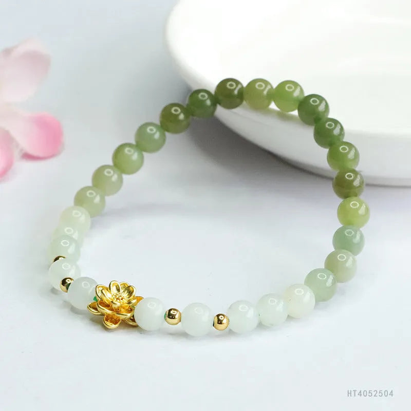 Hand-woven Hetian jade bracelet with sunshine water gradient colour and floral design