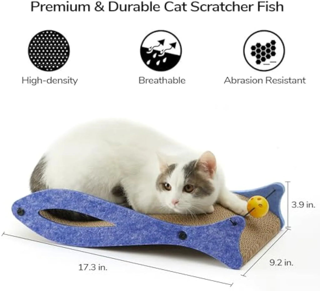 Blue fish-shaped cat scratcher lounge made of corrugated cardboard with attached ball toy