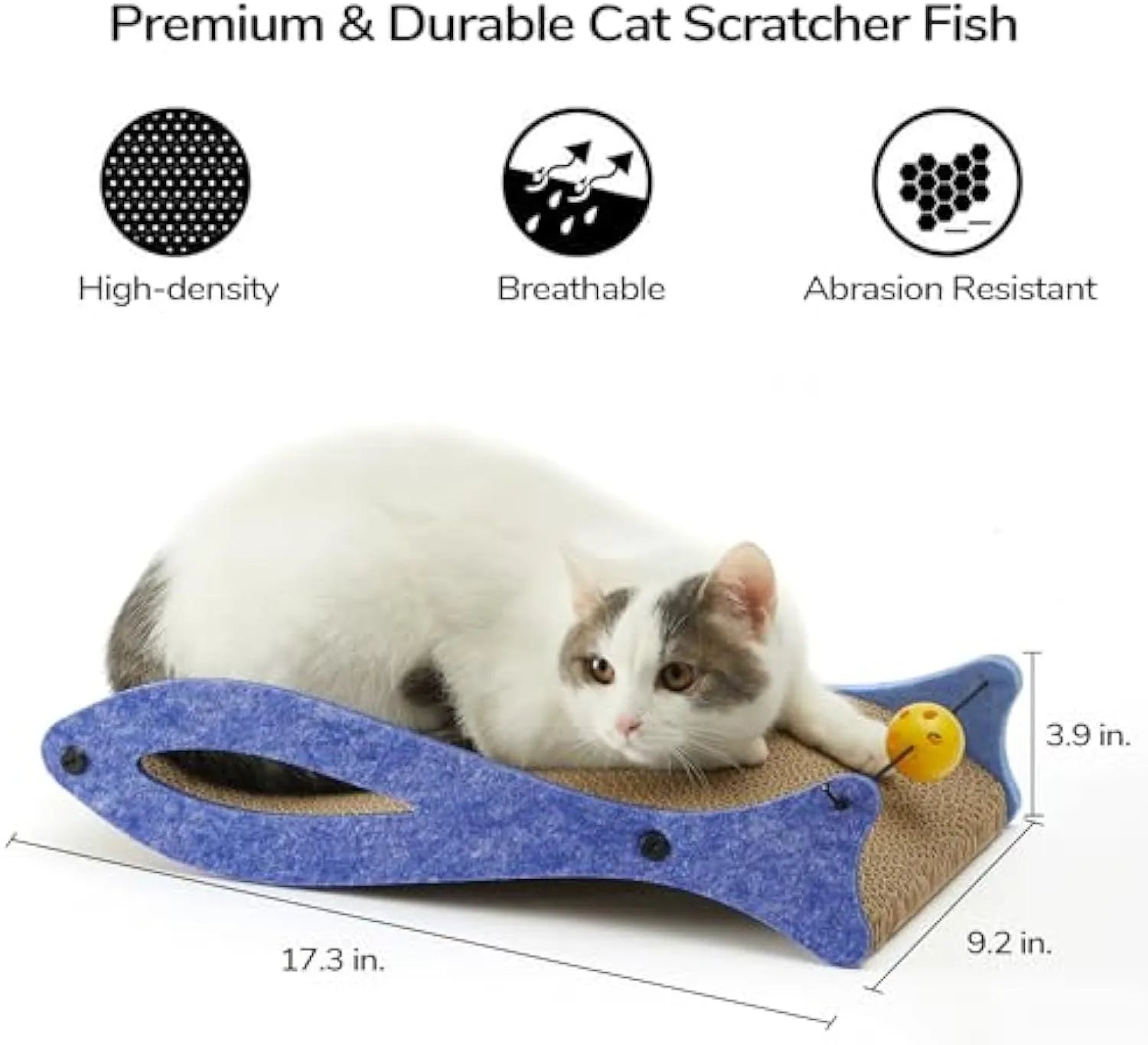Blue fish-shaped cat scratcher lounge made of corrugated cardboard with attached ball toy