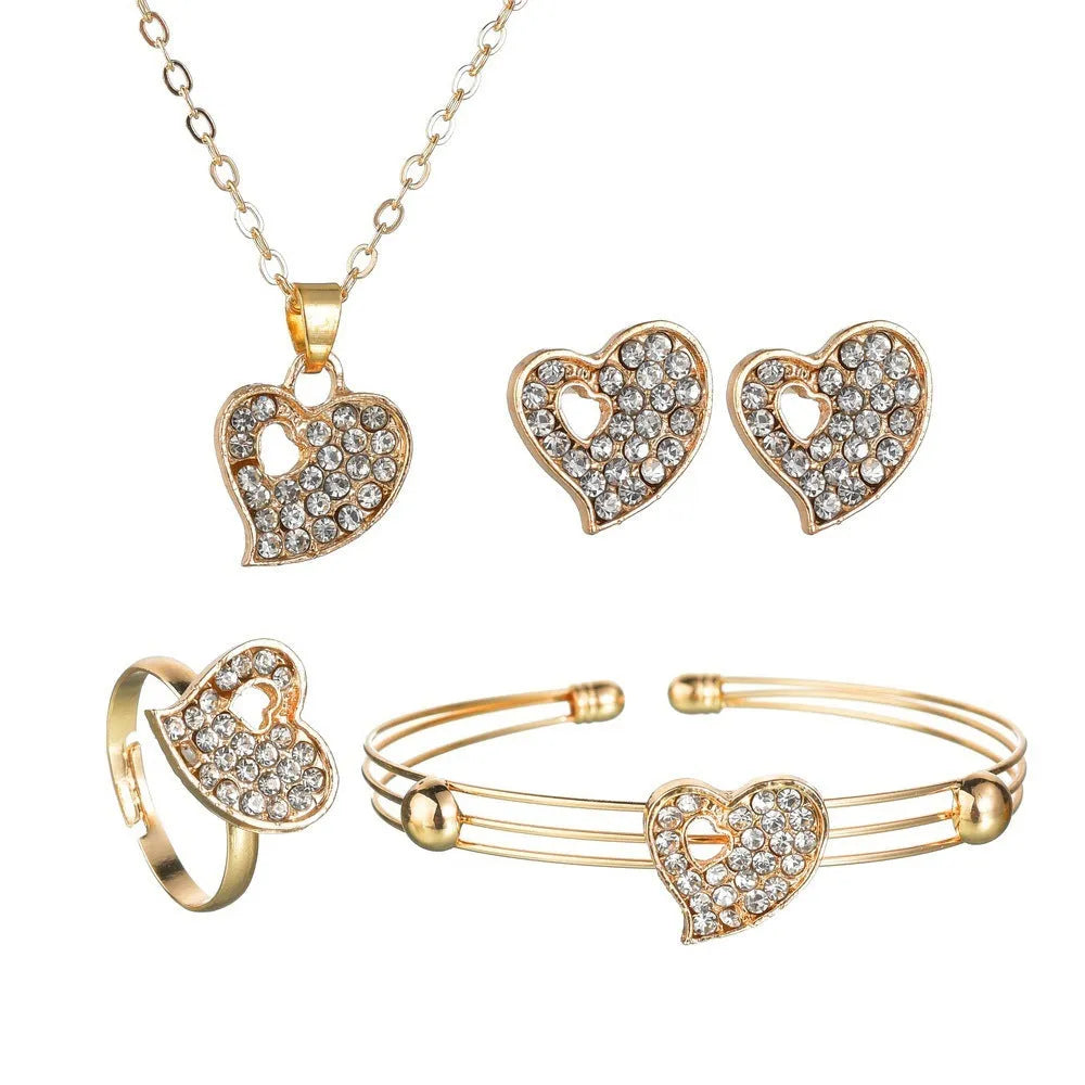 Women's love jewellery set with earrings, pendant and bracelet in gold colour with water drop and bell patterns