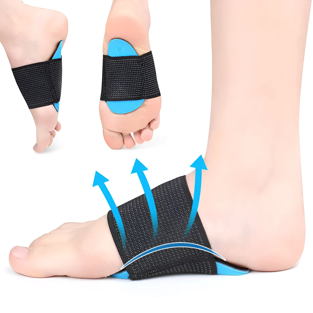 Blue elastic arch support foot pad for flat feet, shown in adult and children sizes