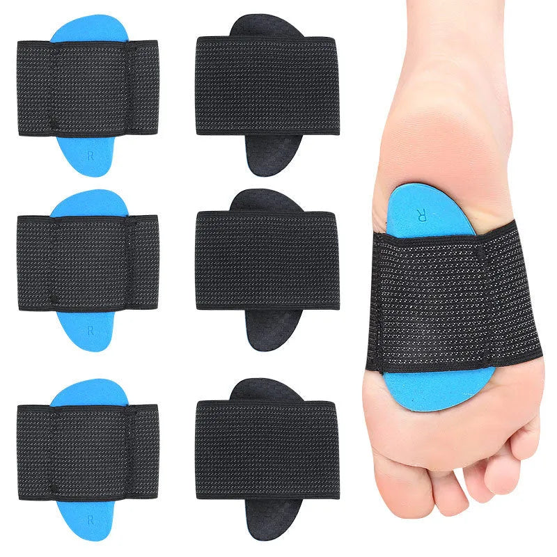 Blue elastic arch support foot pad for flat feet, shown in adult and children sizes