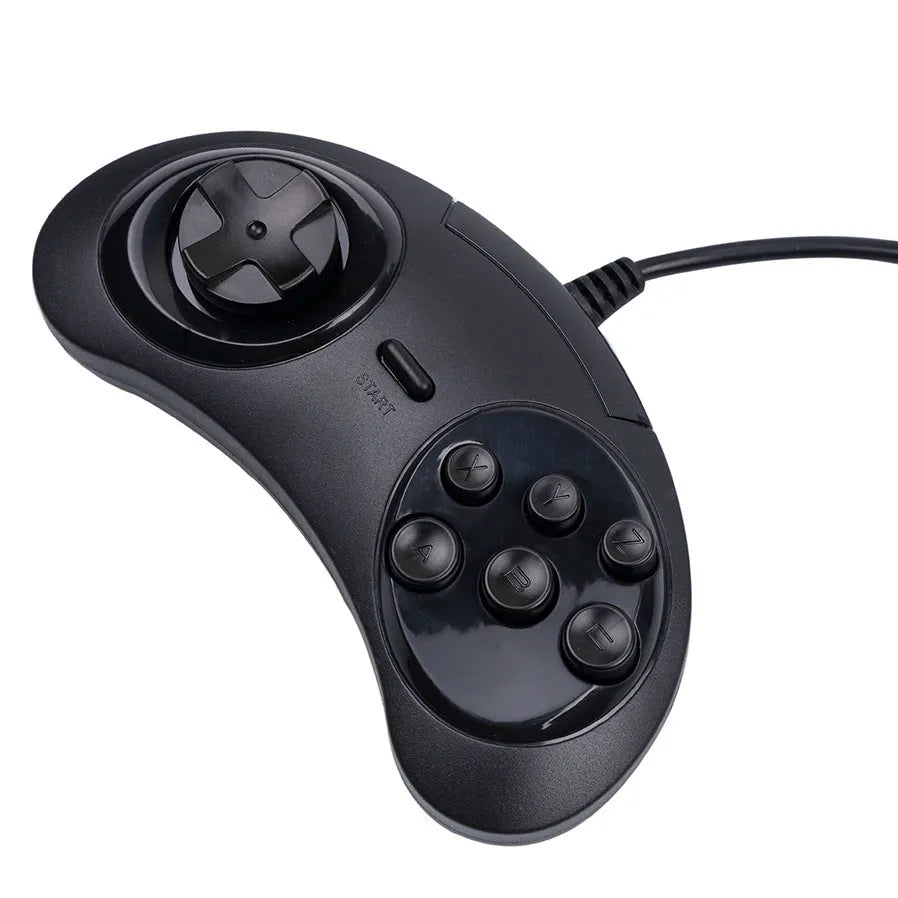 Black Sega USB computer game controller with braided copper wire