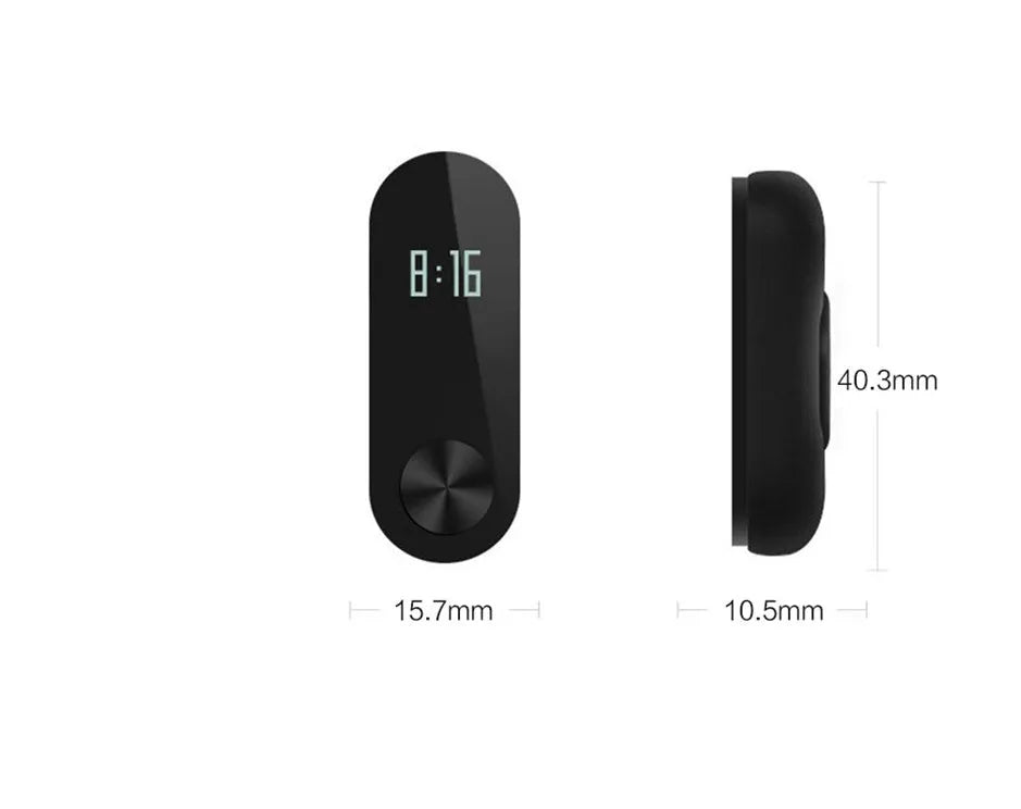 Black Xiaomi Mi Band 2 fitness tracker on wrist showing OLED screen with heart rate data.