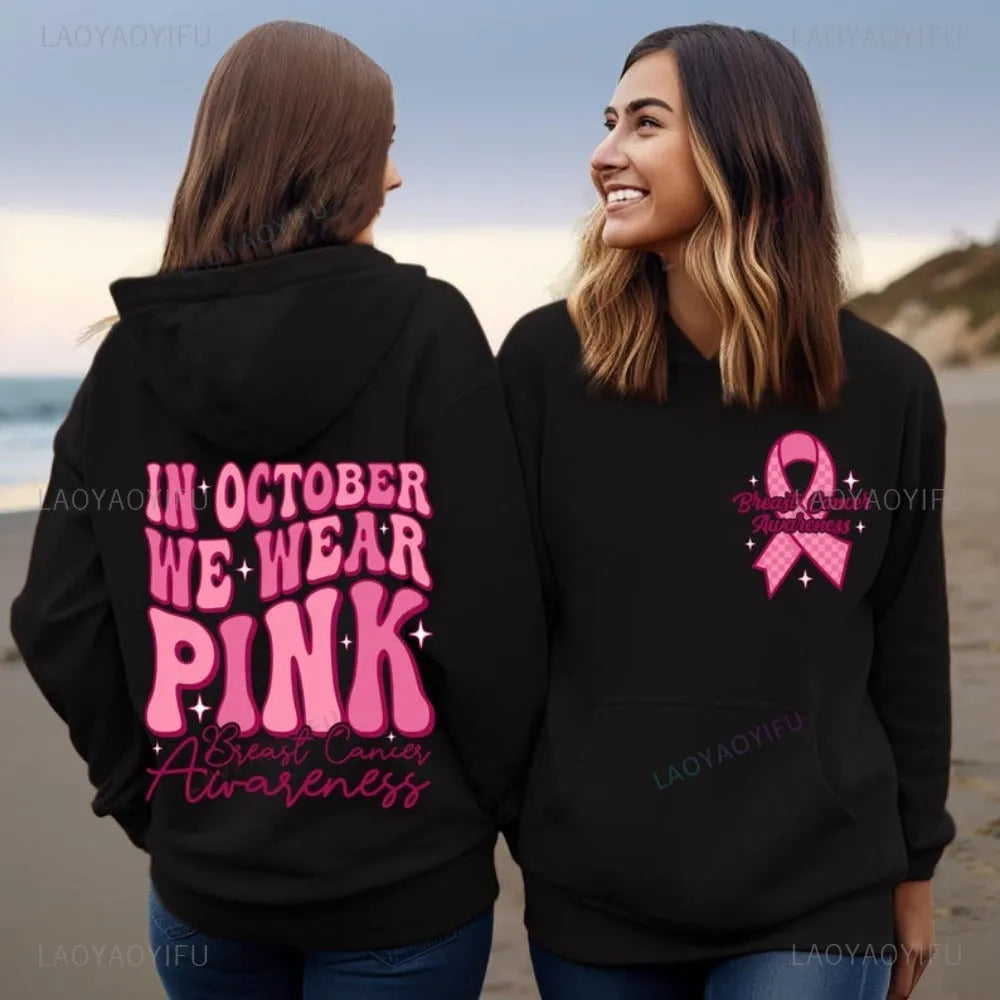 Pink Breast Cancer Awareness hooded sweatshirt with art retro pattern, side pocket, and hot stamping detail.