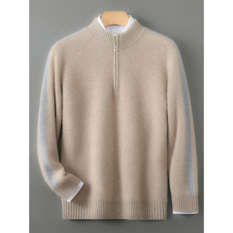 Men's slim fit half-zip wool pullover sweater in raw velvet camel colour showing front detail